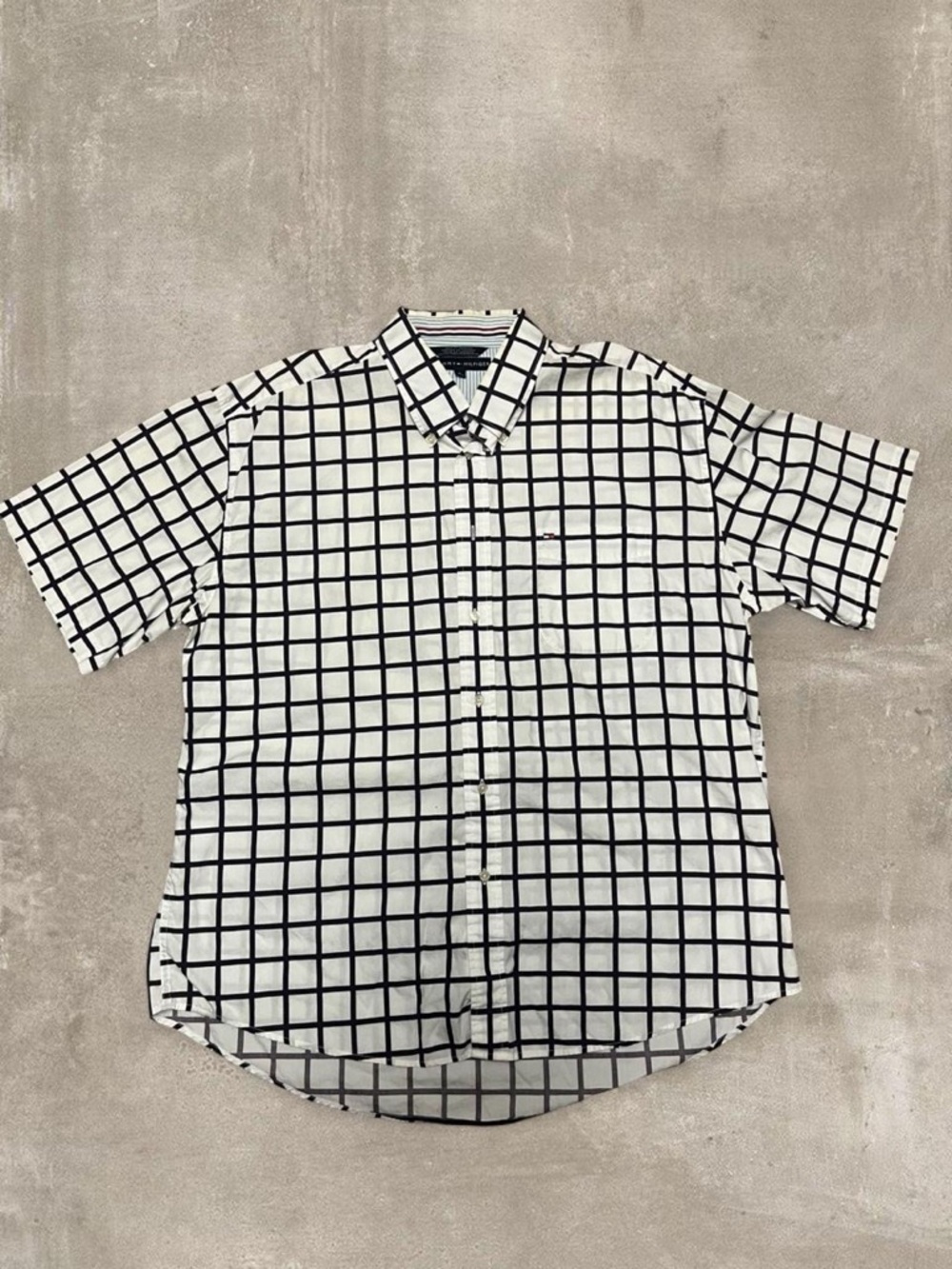 Tommy Hilfiger Button Up Shirt XL White Navy Grid Short Sleeve